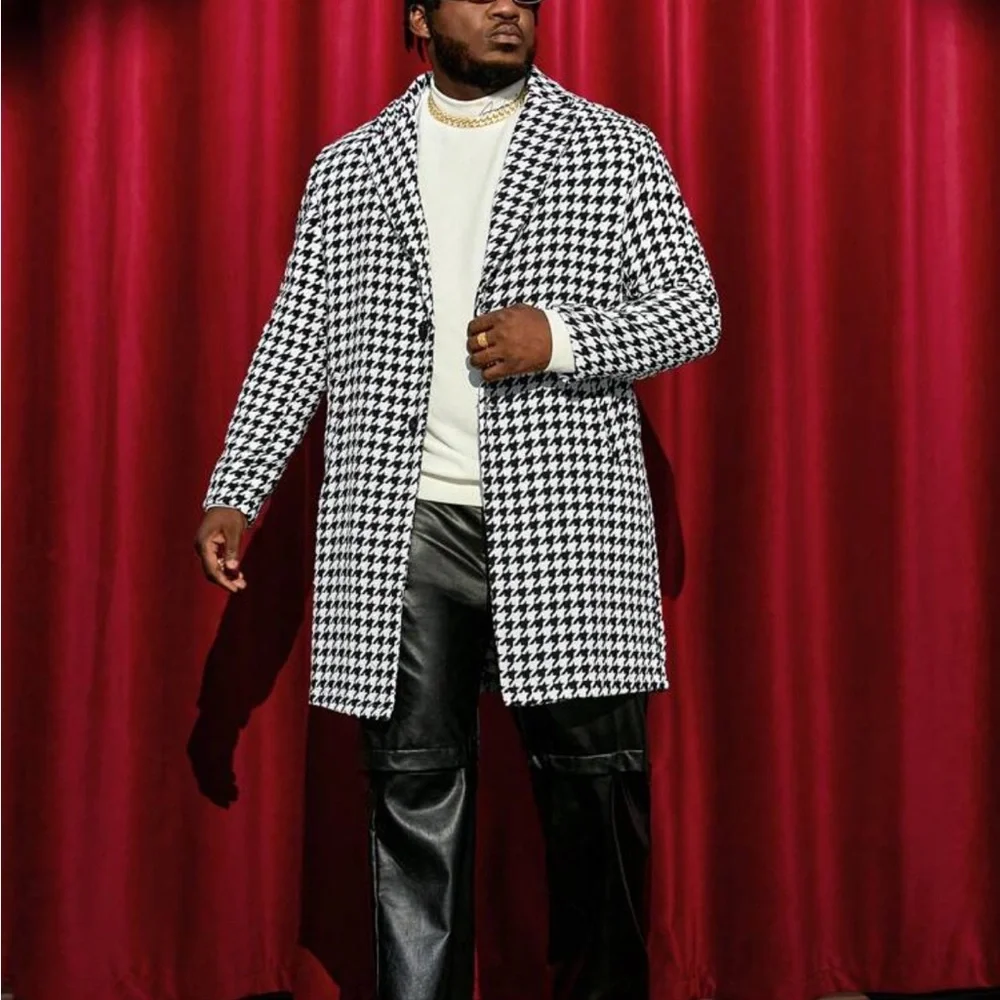 Manfinity Men Plus Houndstooth Print Lapel Neck Overcoat - Picture 7 of 8
